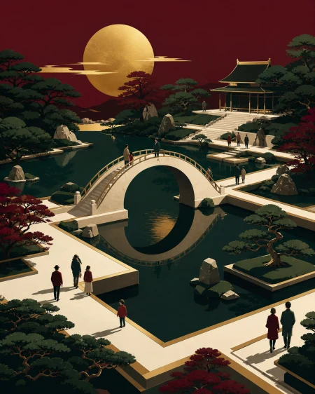 A Japanese strolling garden arranged around a moon-shaped bridge, during a quiet public morning with visitors of several ages. Elevated composition revealing geometric planting and