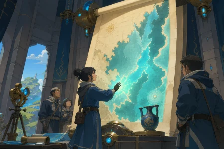 A linguist activating an ancient map that depicts tomorrow's coastline, as a familiar artifact appears in an impossible historical context. Vertical chamber composition with people