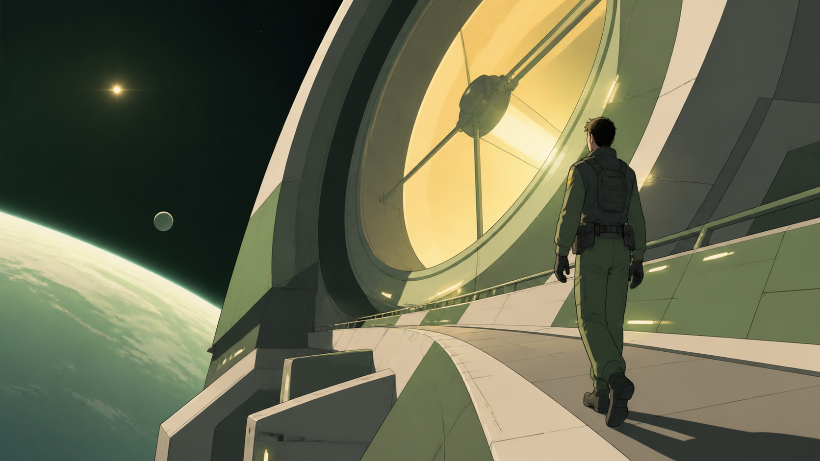 An adult engineer walking across the exterior of a city-sized telescope, as an unfamiliar signal provides one precise destination. Expansive orbital composition anchored by one clearly readable vehicle. Moss green, slate