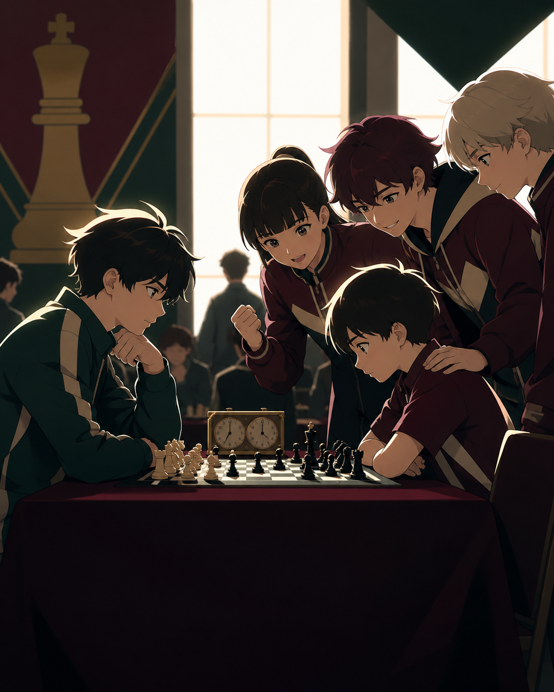Young chess players facing one another inside a busy community hall, as teammates encourage the least experienced participant. Side-on sports frame preserving accurate body mechanics. Burgundy, midnight green, bone white