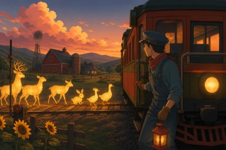 A rural train operator stopping for migrating lantern animals, during familiar seasonal work treated with quiet care. Medium environmental portrait connecting one worker to their c