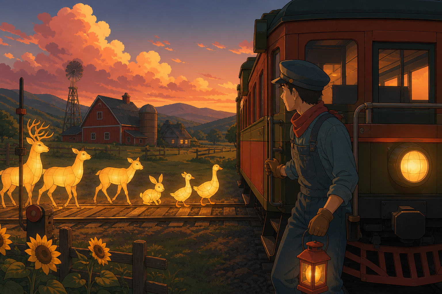 A rural train operator stopping for migrating lantern animals, during familiar seasonal work treated with quiet care. Medium environmental portrait connecting one worker to their craft. Clay red, sage, faded denim, and s