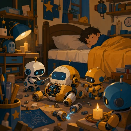 A cluttered bedroom workshop where miniature robots repair one another, during a quiet afternoon nap interrupted by one small mishap. Cozy eye-level view with foreground objects fr