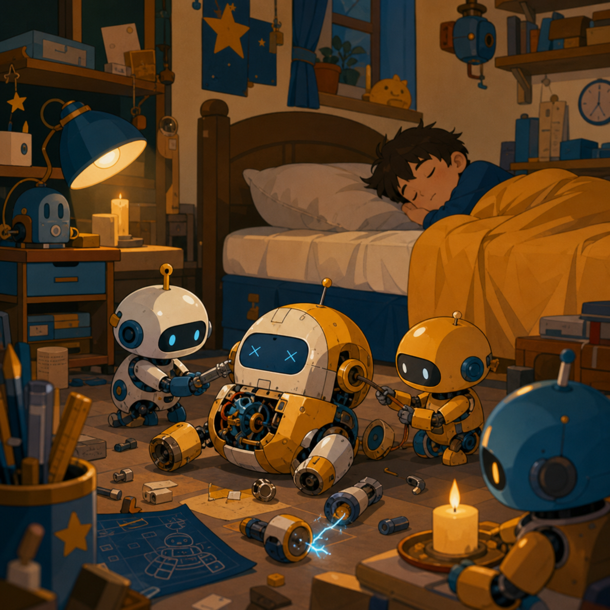 A cluttered bedroom workshop where miniature robots repair one another, during a quiet afternoon nap interrupted by one small mishap. Cozy eye-level view with foreground objects framing the scene. Saffron, peacock blue, 