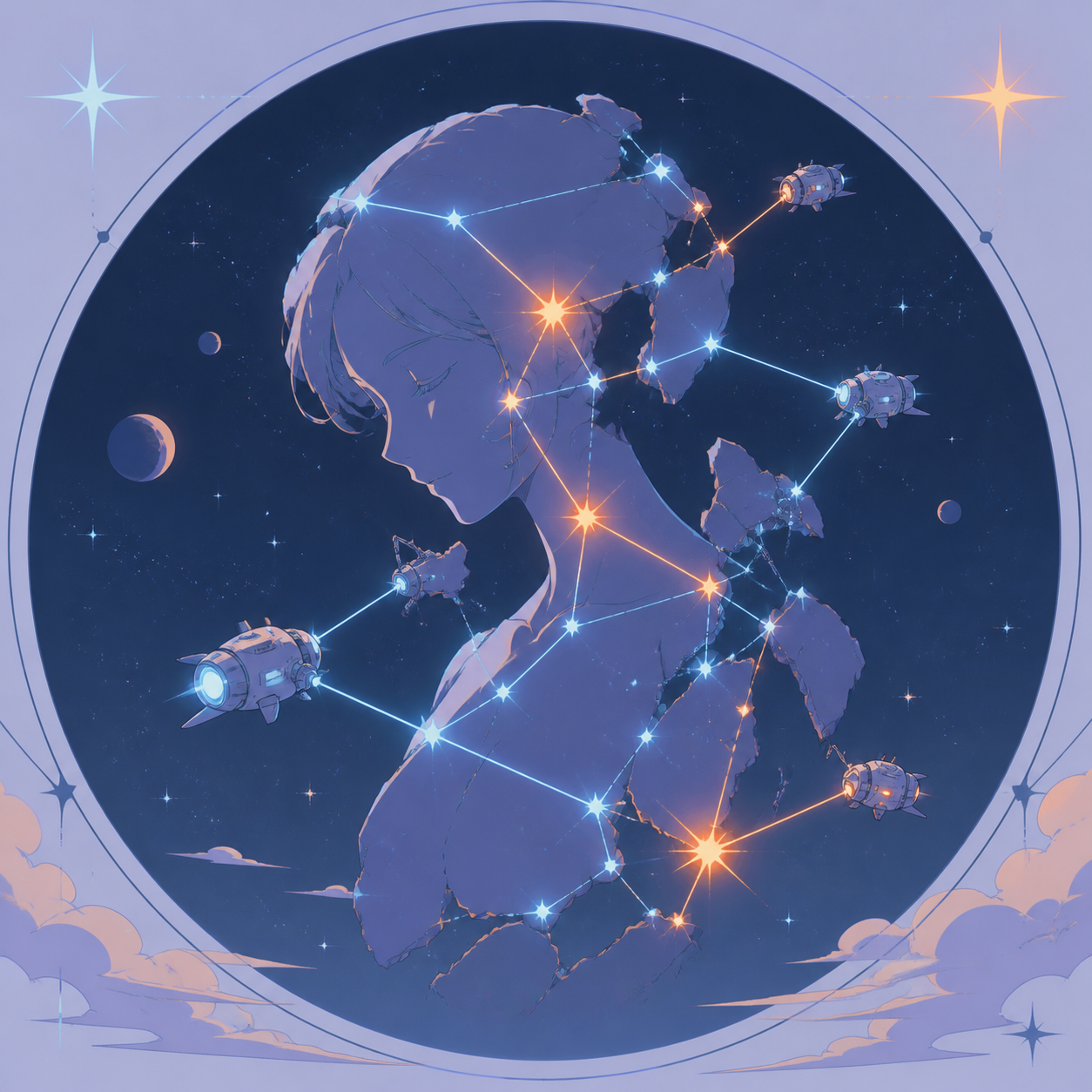A constellation being carefully stitched back together by tiny maintenance ships, captured as a poetic visual moment rather than scientific documentation. Graphic celestial composition organized around a bold circular fo