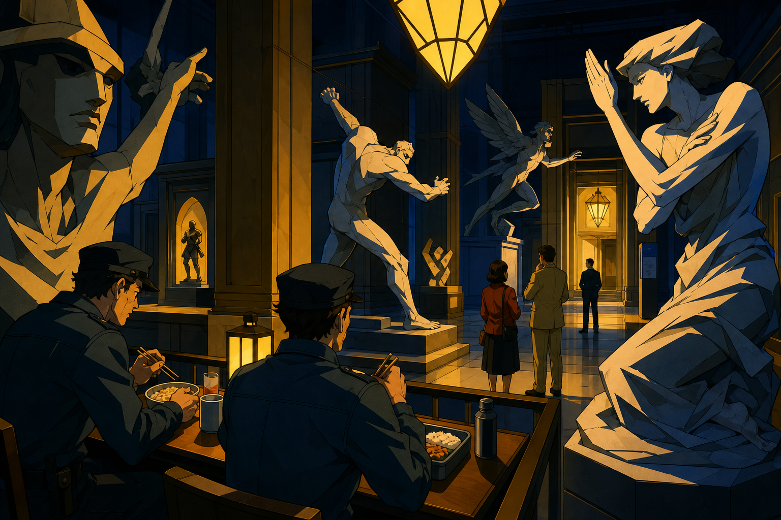 Two adult night guards eating dinner while the statues quietly change poses, during a private preview attended by only a few curious adults. Over-the-shoulder conservation view revealing several gallery depths. Saffron, 