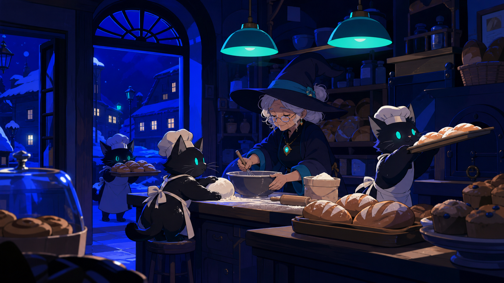 A tiny bakery shared by an elderly witch and several flour-covered familiars, on the first snowy night of the year. Cozy eye-level view with foreground objects framing the scene. Ultramarine, bioluminescent turquoise, pe