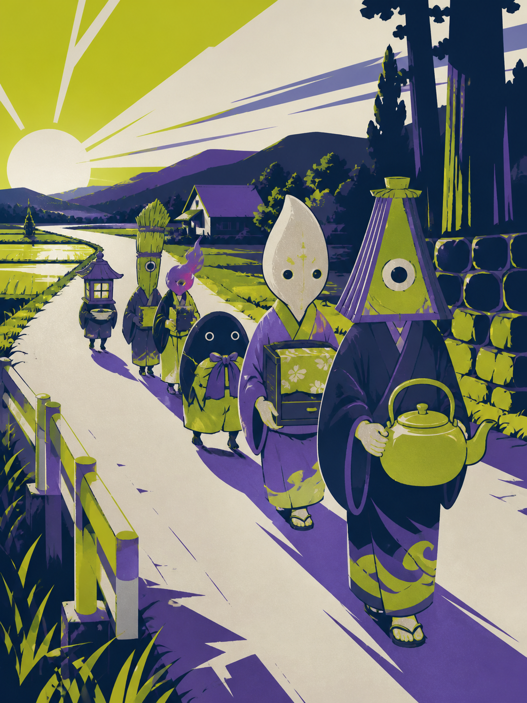 A procession of forgotten household spirits returning borrowed objects, sharing an unexpectedly ordinary moment beside a country road. Storybook narrative scene with a clear beginning and implied aftermath. Acid lime, ul