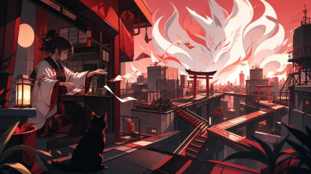 A rooftop shrine keeper redirecting misplaced city wishes, during sunset as rooftops briefly connect into hidden pathways. Low intimate view with the supernatural element rising be