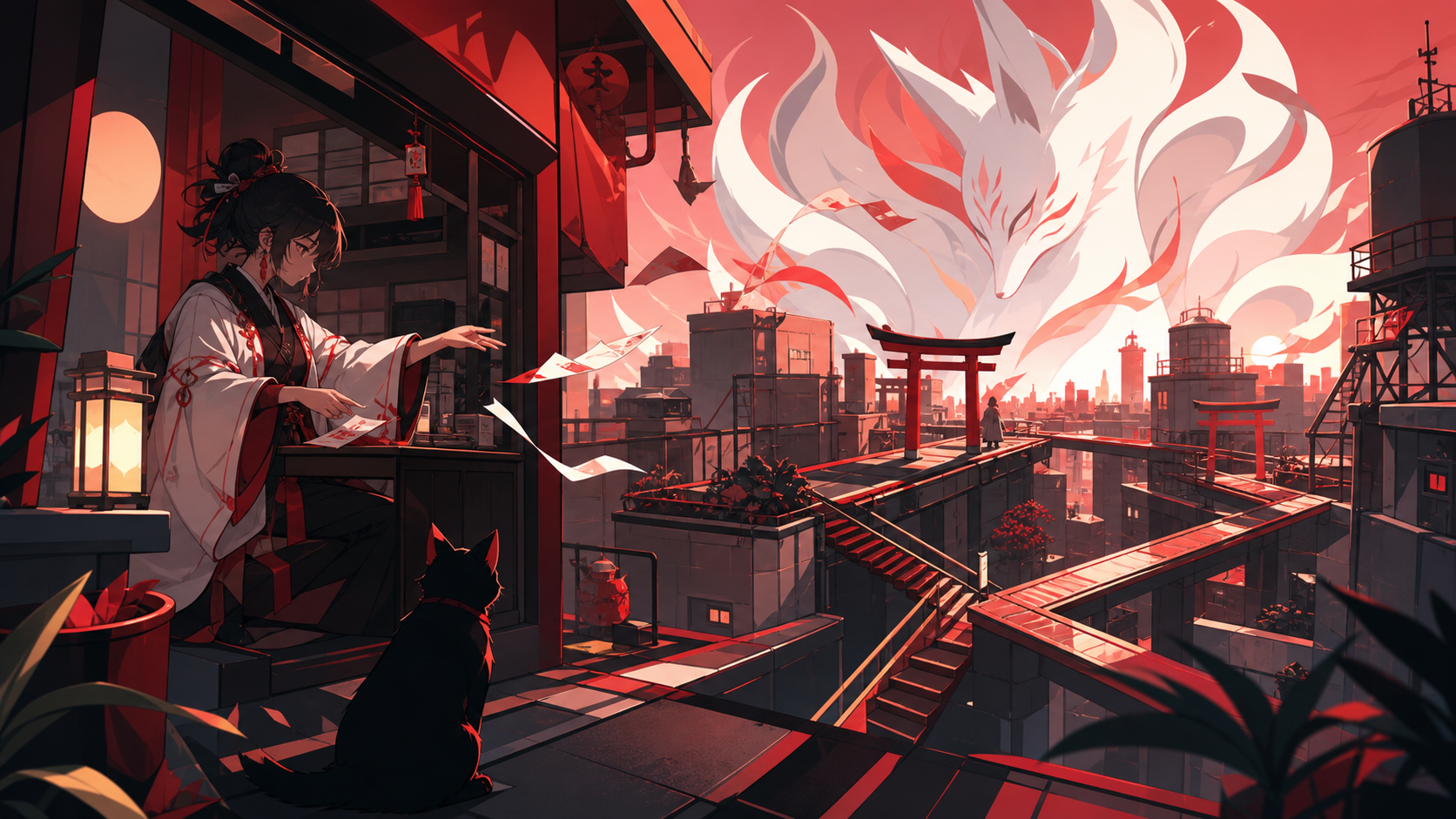 A rooftop shrine keeper redirecting misplaced city wishes, during sunset as rooftops briefly connect into hidden pathways. Low intimate view with the supernatural element rising behind the group. Crimson, black cherry, m