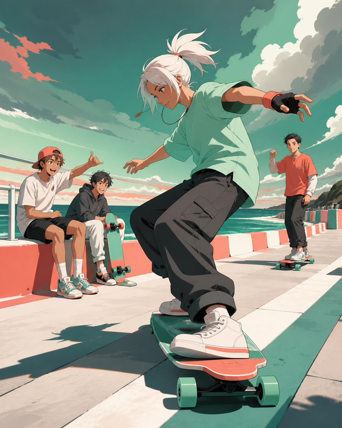 Longboard dancers rehearsing along a closed seaside promenade, during practice where encouragement matters more than competition. Side-on sequence-like frame with one athlete as the clear focal point. Sea-glass green, fa