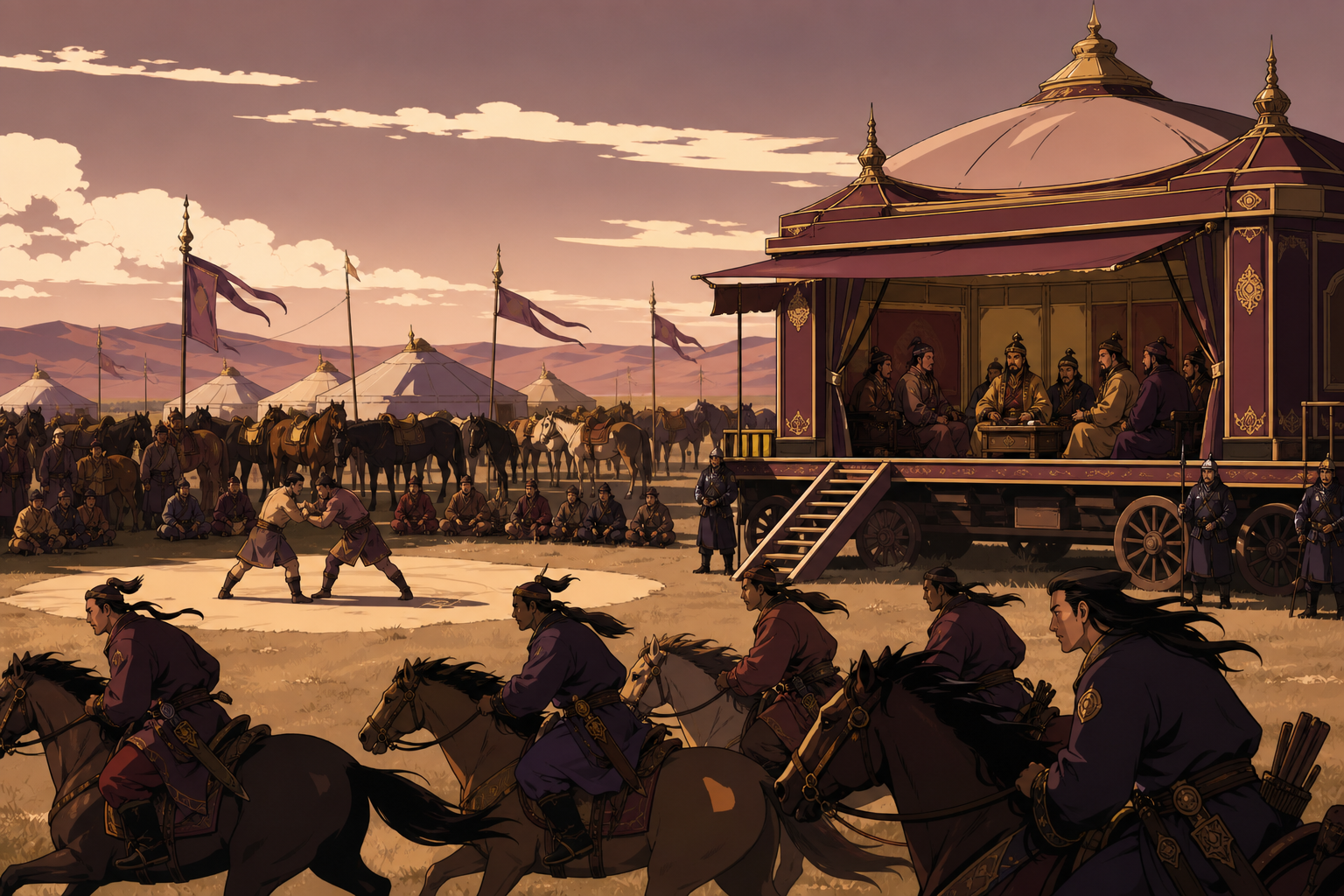 Wrestlers competing at a festival beside many tethered horses, when political negotiation unfolds inside a mobile capital. Extreme horizontal panorama with riders sweeping across the lower frame. Muted rose, parchment, m