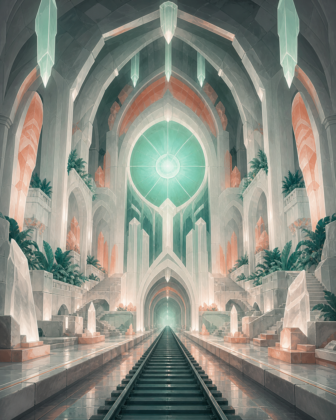 An underground railway cathedral carved from luminous salt, shown empty just before its inhabitants wake. Architectural hero view with controlled symmetry and deep spatial layers. Sea-glass green, faded coral, storm gray