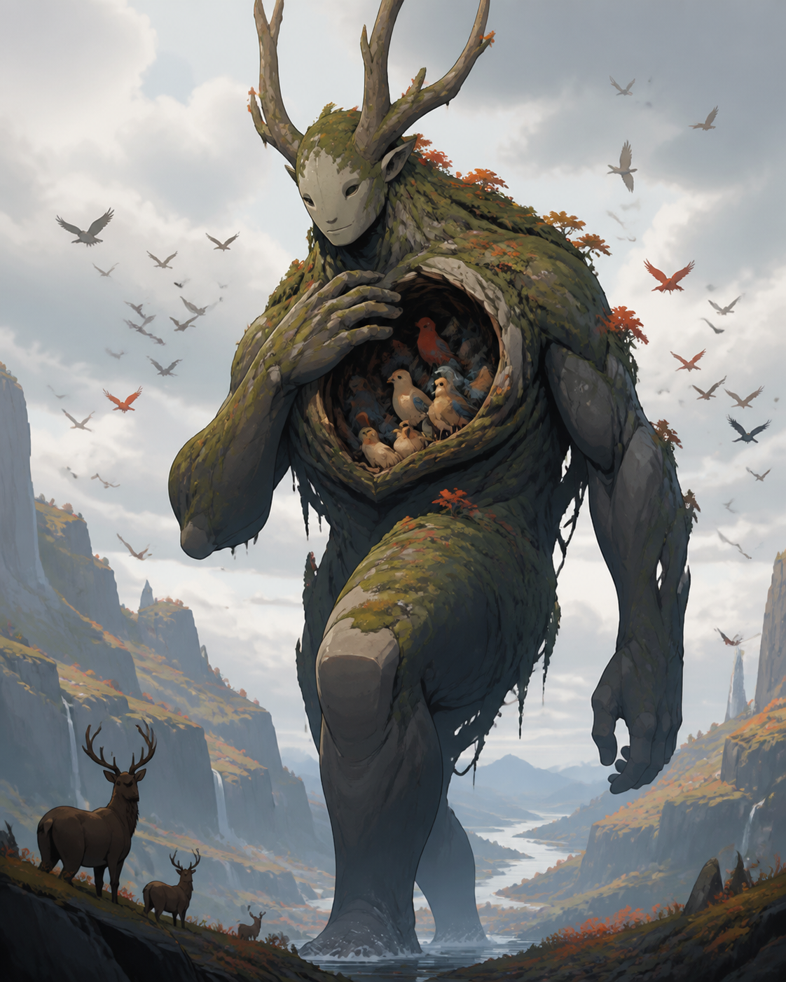 A gentle moss-covered guardian with a hollow chest full of songbirds, crossing its natural habitat during a rare seasonal migration. Majestic full-body creature composition with environmental scale cues. Vermillion, char