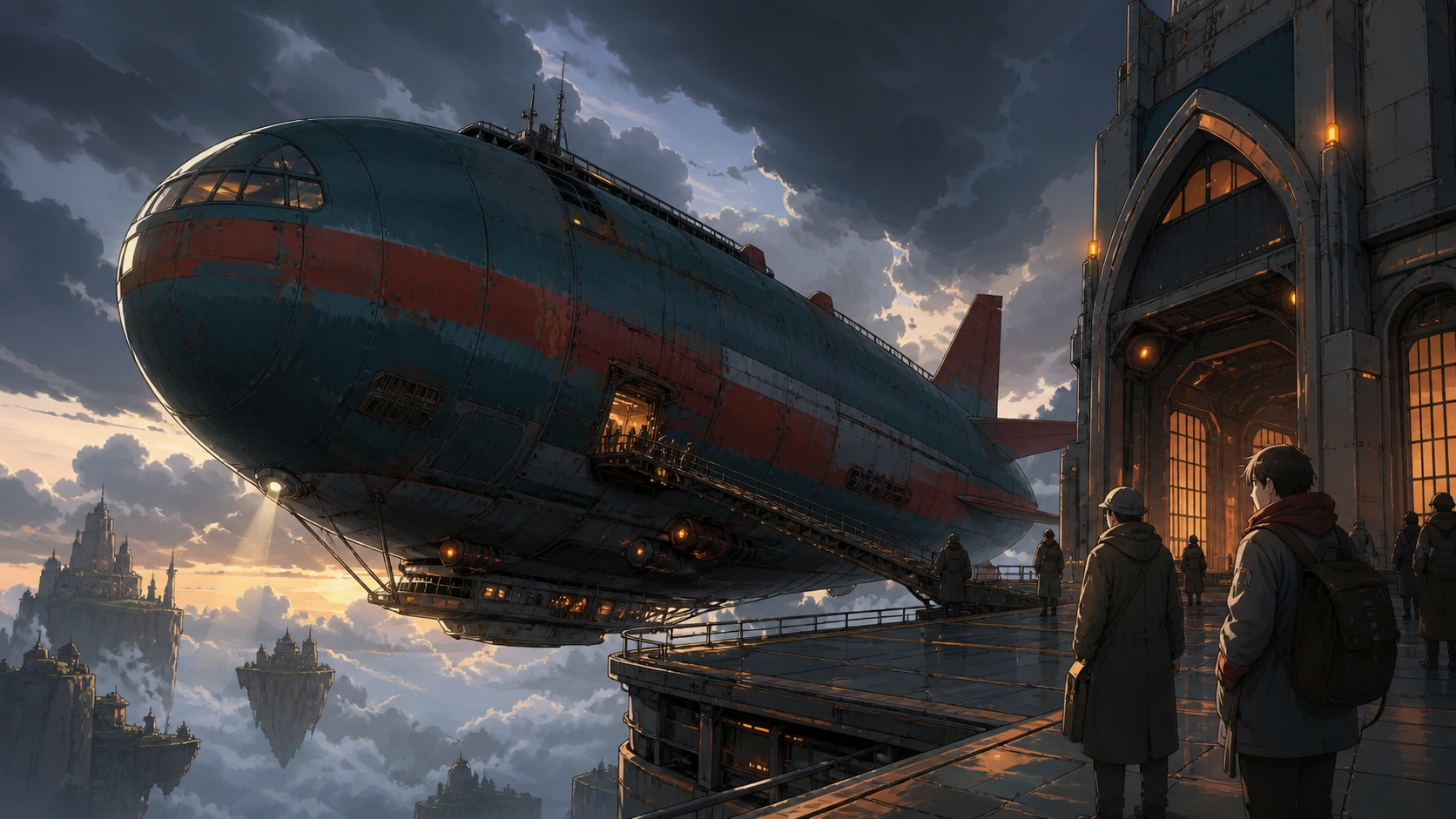 A weather-beaten airship ferry serving remote floating islands, arriving at an extraordinary terminal during difficult weather. Grand three-quarter vehicle view embedded naturally in its route. Petrol blue, oxide red, in