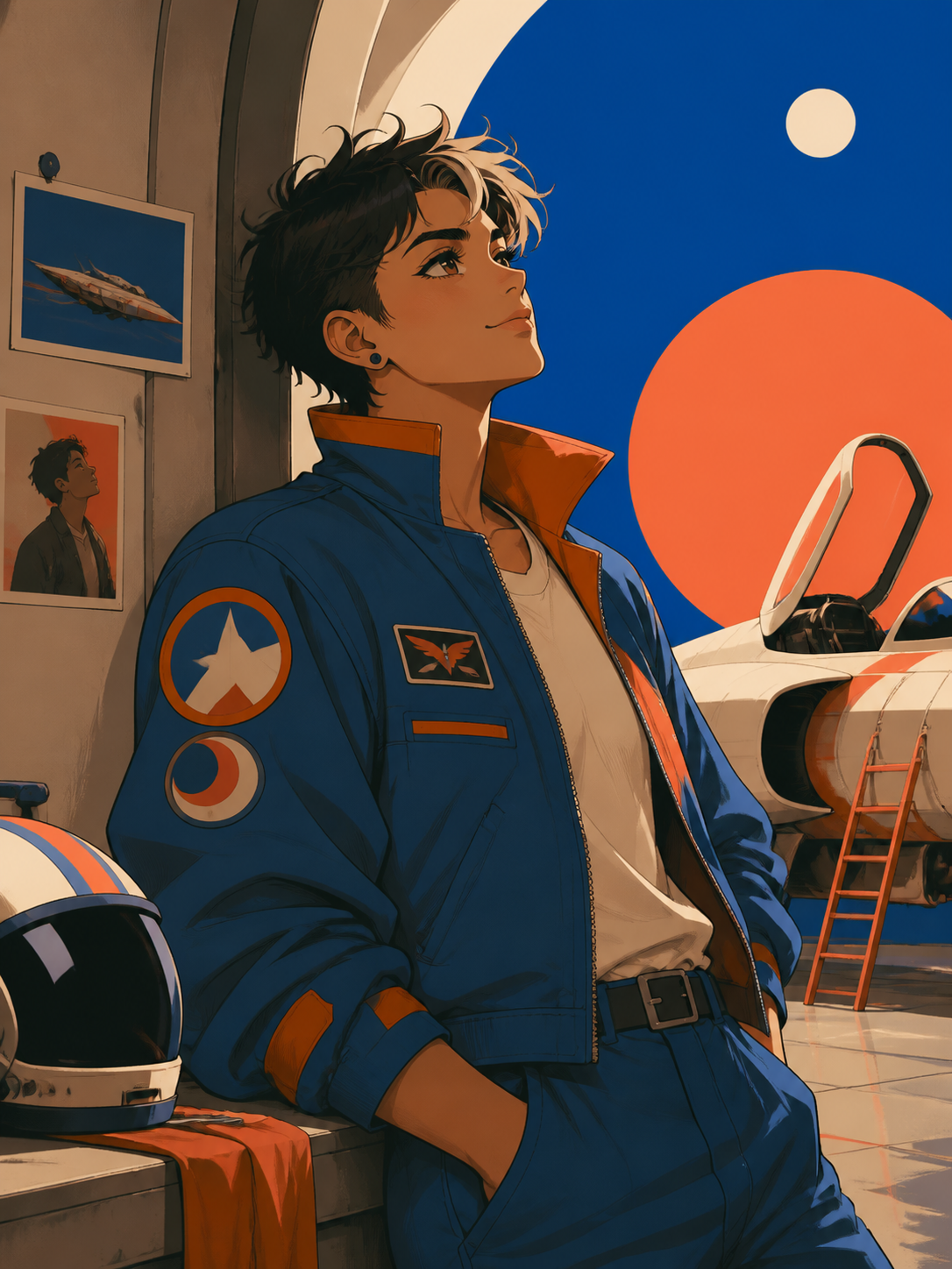 An adult nonbinary spacecraft mechanic wearing a patched flight jacket, surrounded by a few objects that quietly reveal their history. Intimate waist-up portrait with unusual negative space and environmental context. Cob