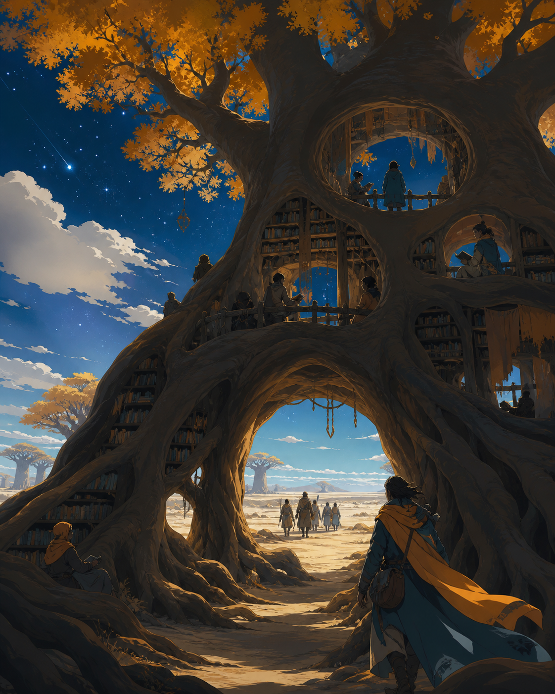 A massive baobab serving as a library for migrating storytellers, during a seasonal change represented through broad color masses. Ground-level view looking through enormous roots toward distant figures. Saffron, peacock