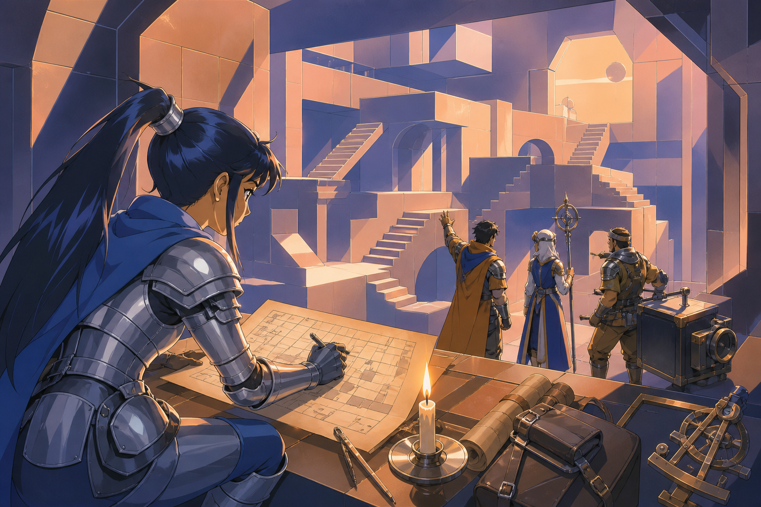 An armored cartographer mapping a dungeon that rearranges itself behind her, solving an environmental obstacle through teamwork rather than combat. Over-the-shoulder discovery frame revealing a large navigable space. Sun