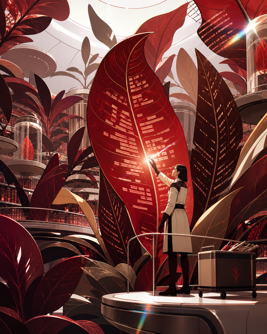 A library whose books are encoded in the changing colors of enormous leaves, during a routine caretaking task that reveals the scale of the ecosystem. Lush environmental composition with technology discovered gradually a