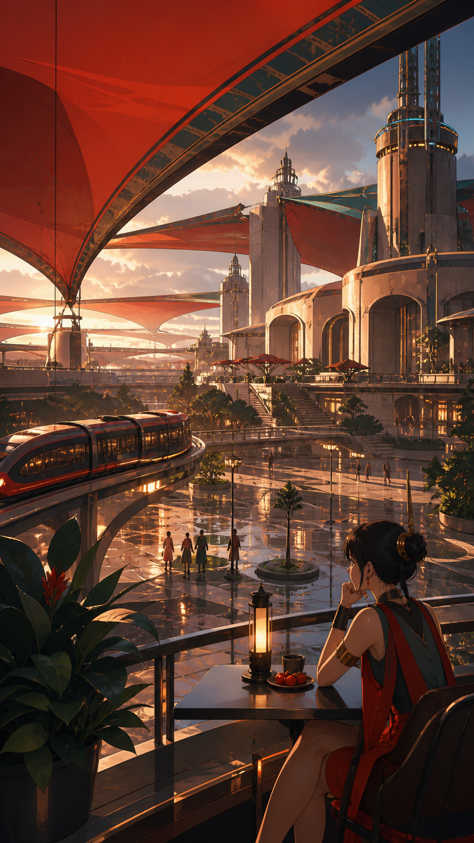 A solar-powered desert city shaded by kilometer-wide silk canopies, on a humid night after rain, full of reflections and everyday life. Grand city panorama balanced by one intimate foreground detail. Vermillion, charcoal