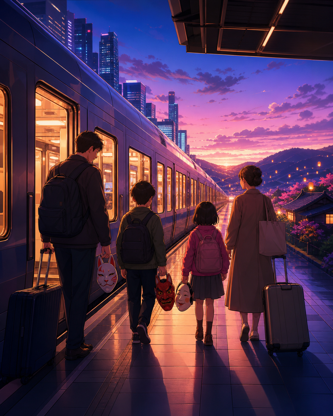 A family carrying festival masks onto the final train home, as the route crosses from a modern city into an enchanted countryside. Platform-wide composition with the arriving train creating a strong line. Saturated magen