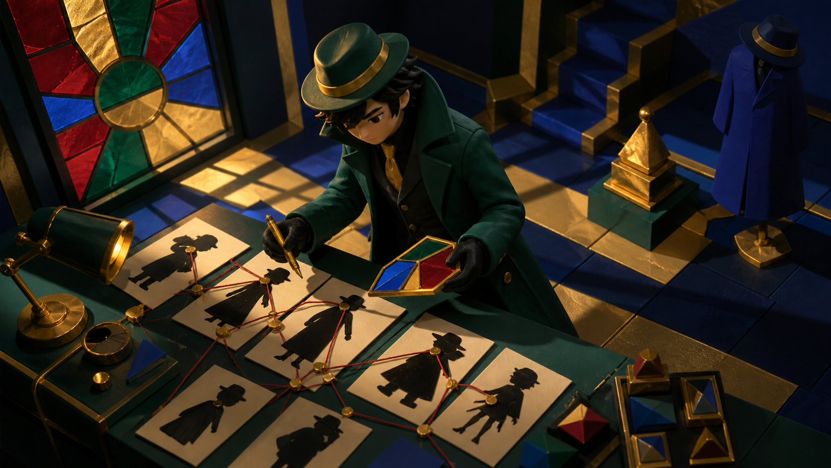 A forensic magician cataloging shadows that belong to missing people, during a rain-heavy night with no obvious culprit in sight. Graphic high-angle investigation tableau with clues forming a visual path. Emerald, staine