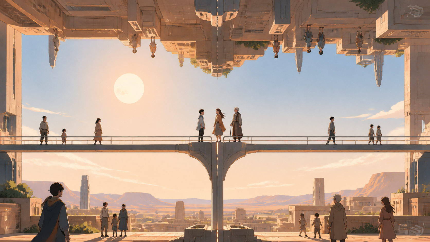A bridge connecting cities that face one another across open air, with both orientations equally livable and visually clear. Character-level composition at the exact gravity transition. Sun-bleached peach, desert ochre, 