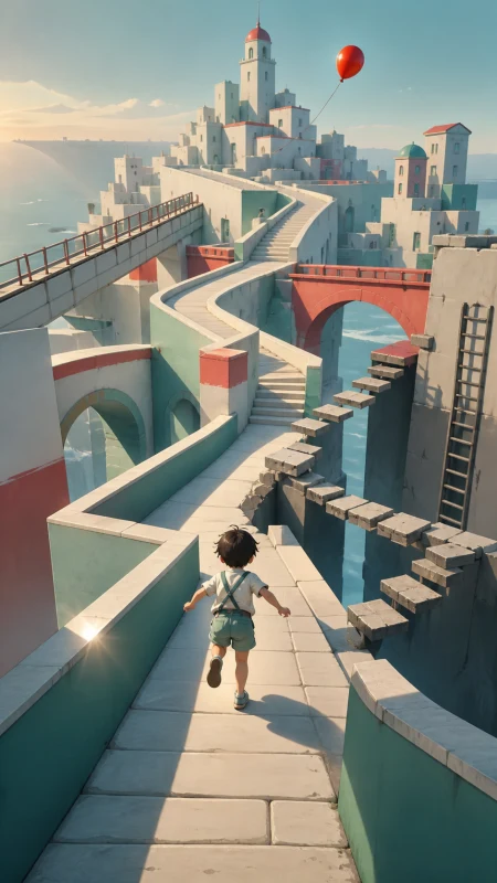 A child following their escaped balloon into increasingly impossible streets, through a sequence of clearly readable obstacles and route choices. High-angle route view following mo