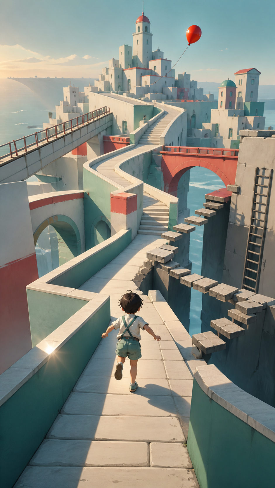 A child following their escaped balloon into increasingly impossible streets, through a sequence of clearly readable obstacles and route choices. High-angle route view following movement through intersecting streets. Sea
