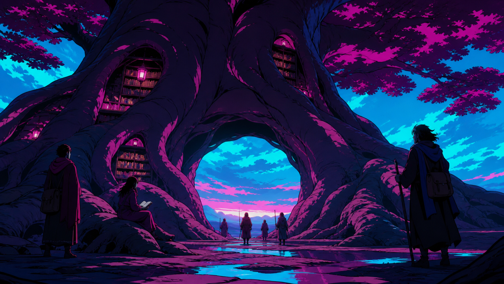 A massive baobab serving as a library for migrating storytellers, at the first light of morning after a transformative storm has passed. Ground-level view looking through enormous roots toward distant figures. Saturated 