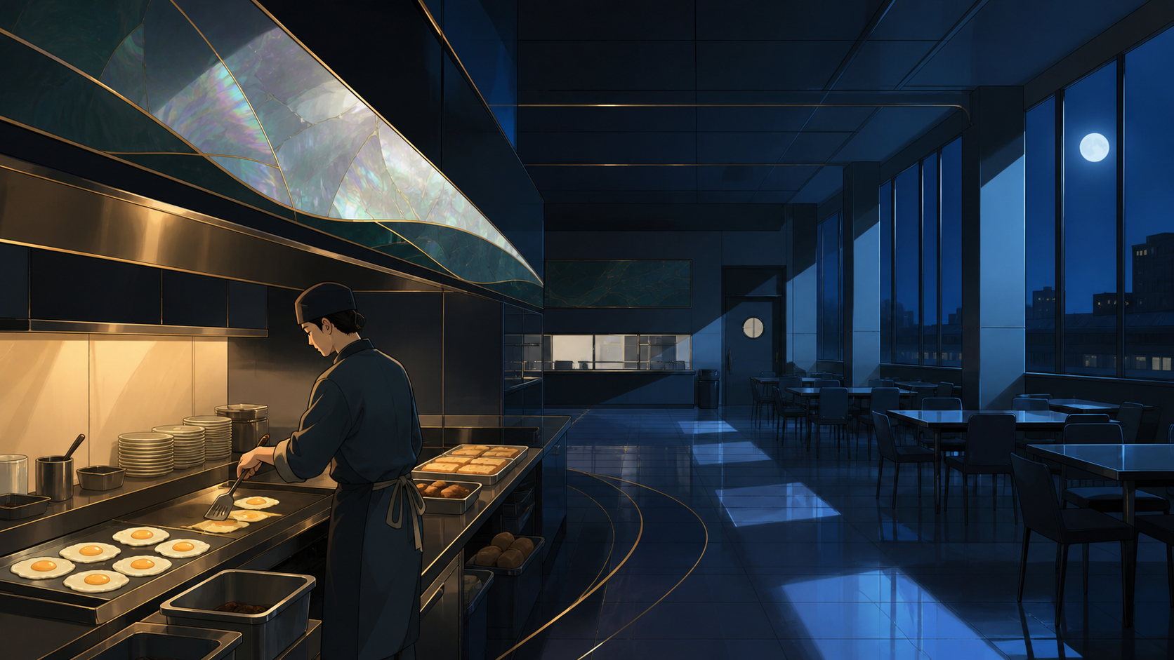 A hospital cafeteria cook preparing breakfast before the first commuters arrive, during the private-feeling hour when public spaces belong to their workers. Wide quiet interior with one worker clearly anchoring the scale