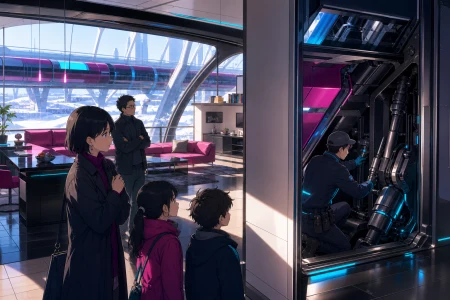 A family living inside a home that rearranges rooms with the daylight, during a public tour that inspires curiosity rather than fear. Close maintenance scene revealing the living s
