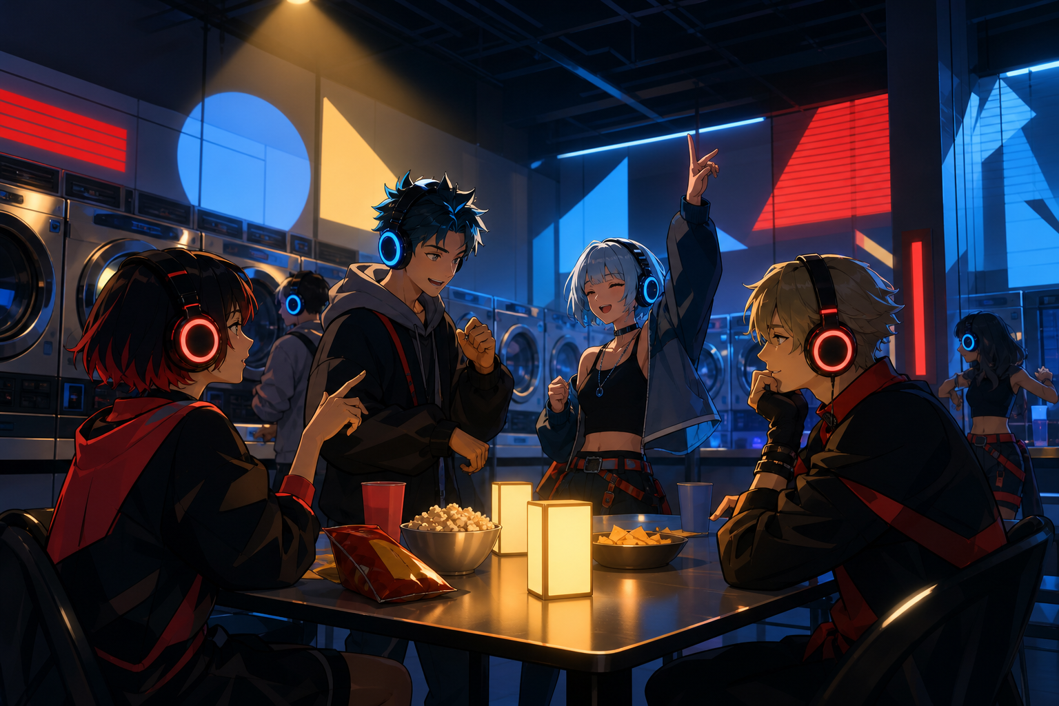 Friends attending a silent disco inside an automated laundromat, as old and new entertainment traditions overlap naturally. Table-height ensemble centered on expressive reactions. Pine black, snow blue, cedar red, and la