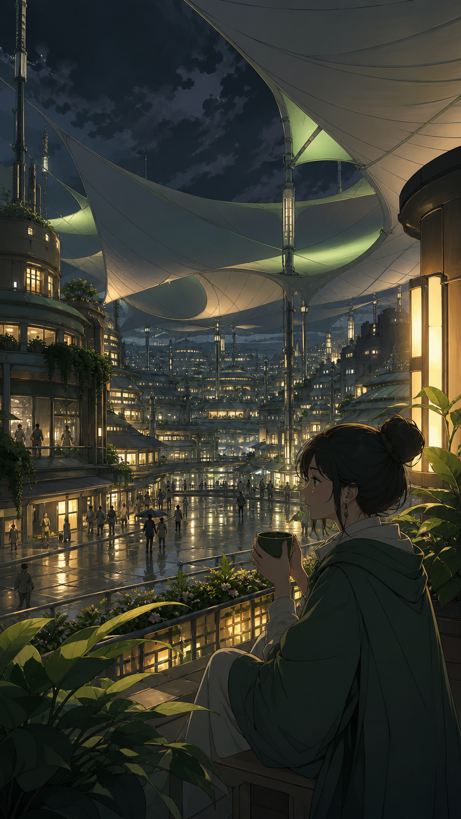 A solar-powered desert city shaded by kilometer-wide silk canopies, on a humid night after rain, full of reflections and everyday life. Grand city panorama balanced by one intimate foreground detail. Moss green, slate gr