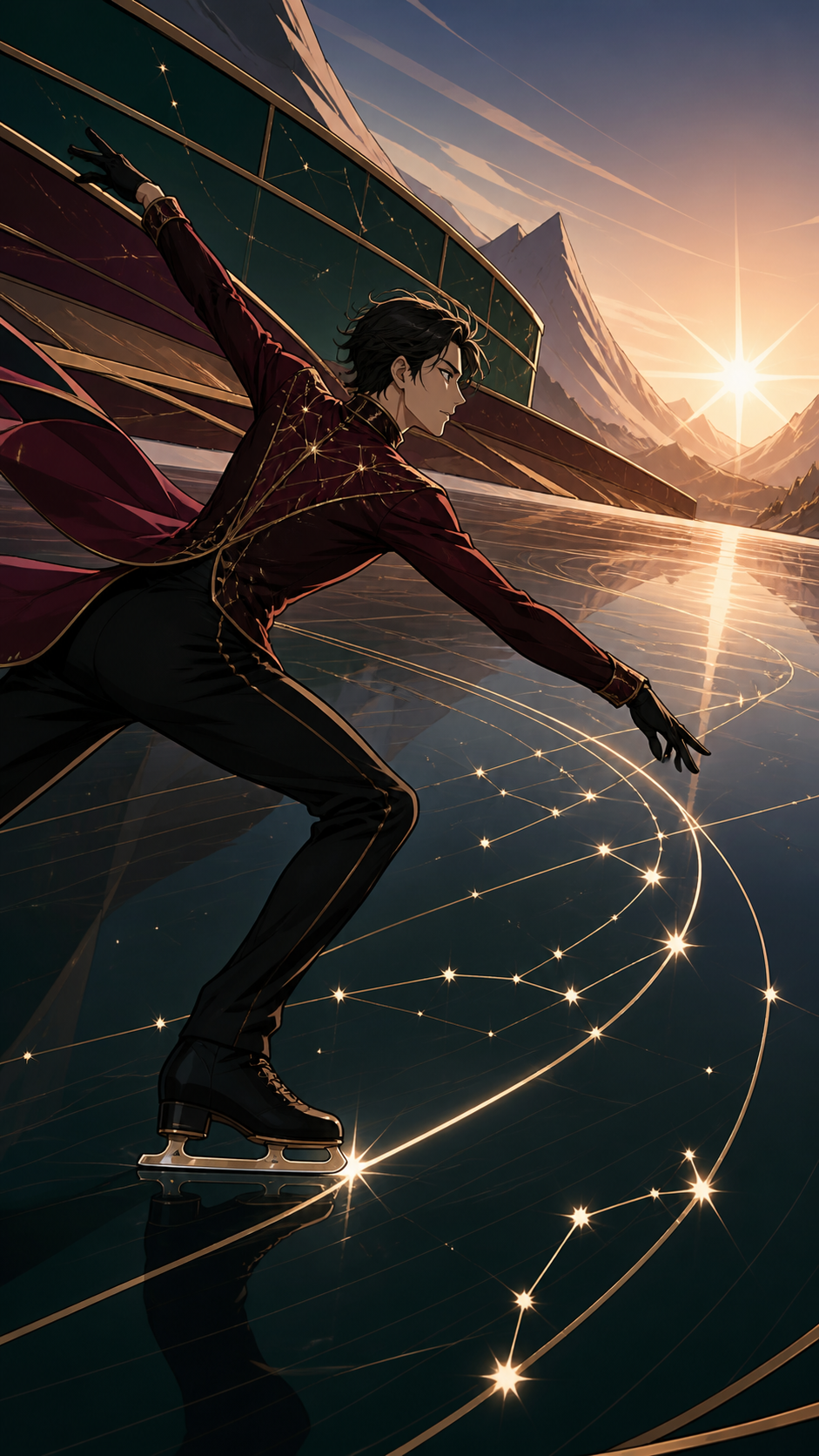 An adult figure skater tracing luminous constellations across black ice, during a decisive final stretch with the environment amplifying the speed. Bold diagonal action composition with ample space ahead of the movement.