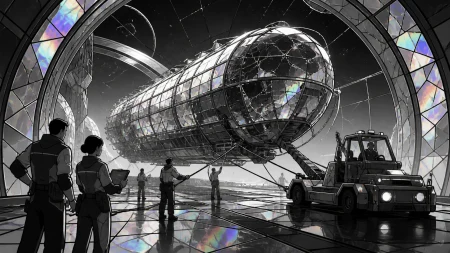 A small space tug guiding a damaged greenhouse ship toward safety, during the steady practical work after the immediate danger has passed. Human-scale teamwork frame surrounded by 