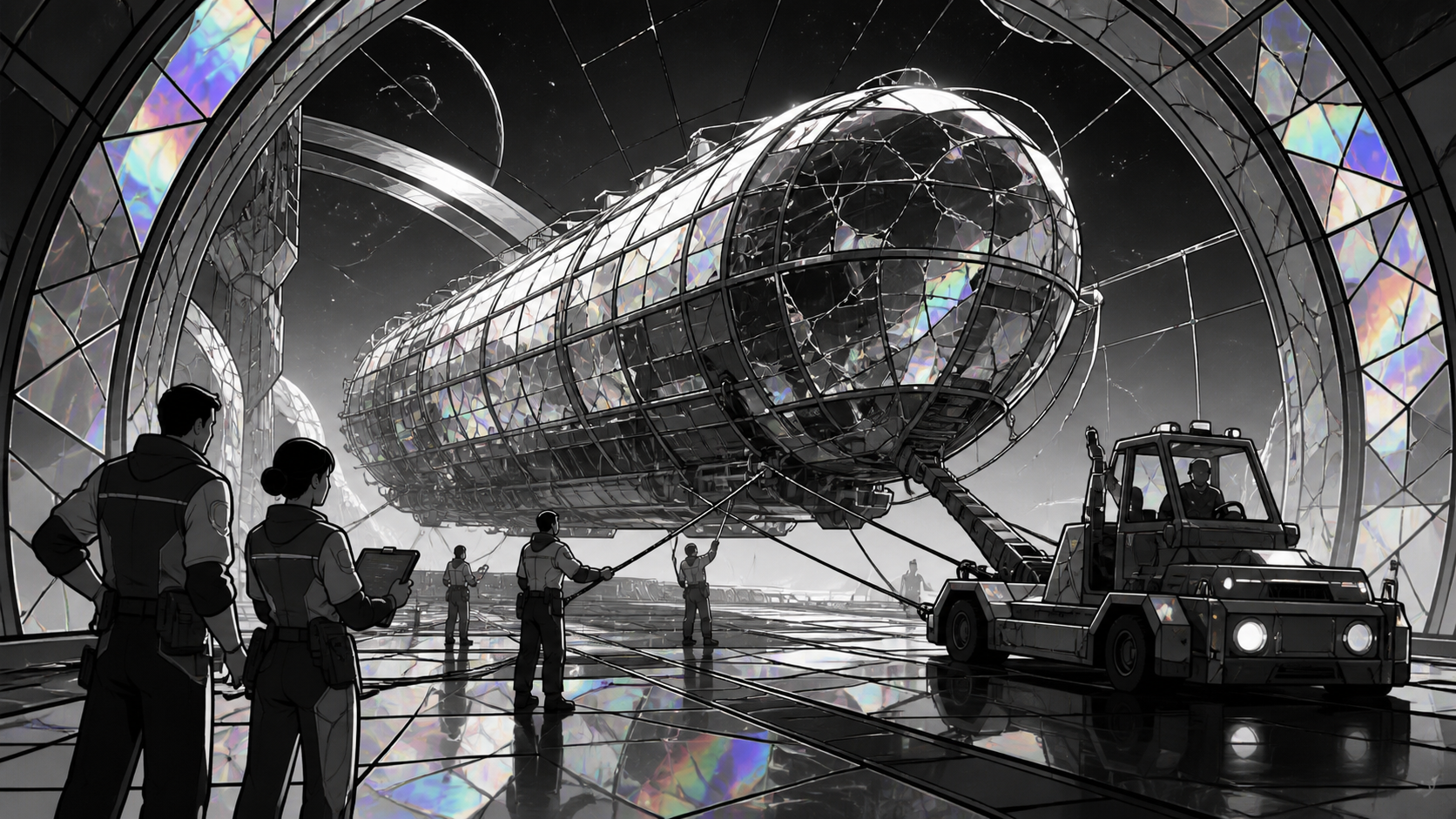 A small space tug guiding a damaged greenhouse ship toward safety, during the steady practical work after the immediate danger has passed. Human-scale teamwork frame surrounded by the larger affected environment. Monochr