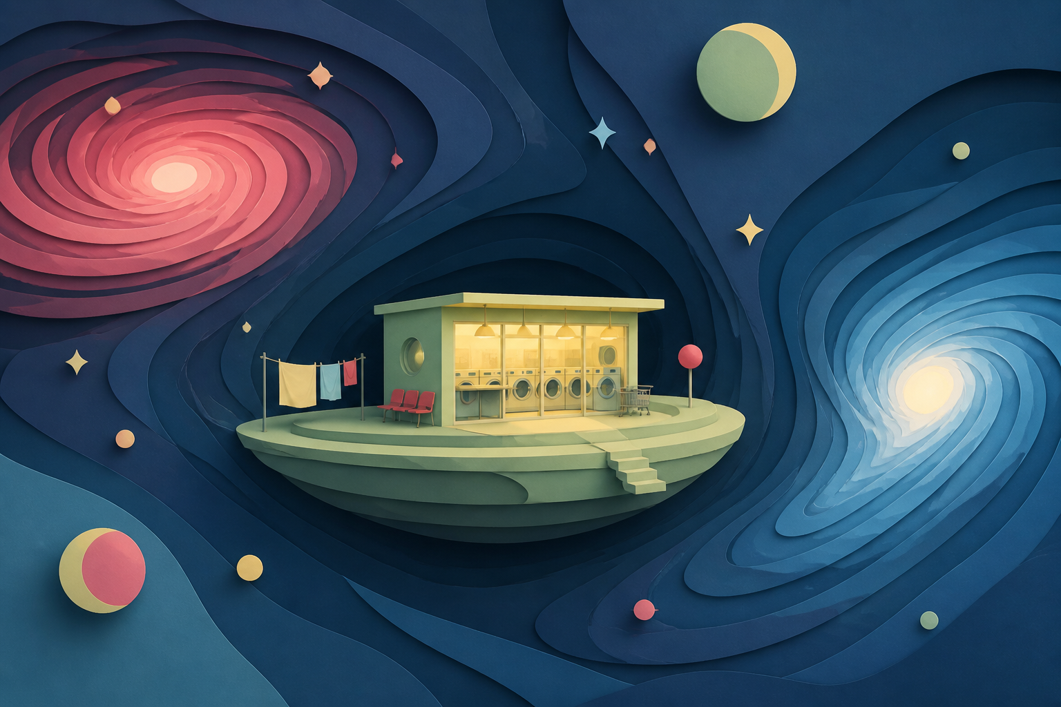 A quiet laundromat orbiting alone between two galaxies, at the calm center of a vast gravitational phenomenon. Expansive widescreen composition with strong negative space. Soft pistachio, butter yellow, powder blue, and 