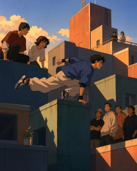 Young parkour friends mapping a safe route across geometric rooftops, as passersby form an informal audience. Side-on sequence-like frame with one athlete as the clear focal point.