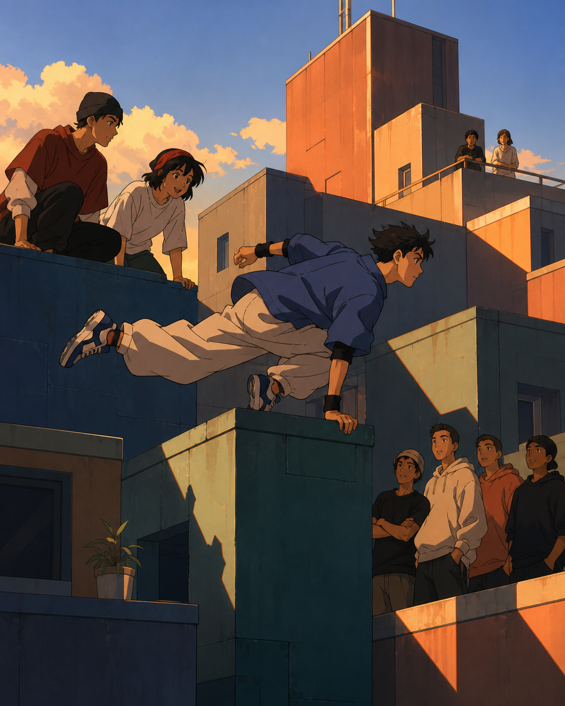 Young parkour friends mapping a safe route across geometric rooftops, as passersby form an informal audience. Side-on sequence-like frame with one athlete as the clear focal point. Moonlit indigo, oxidized copper, pale j