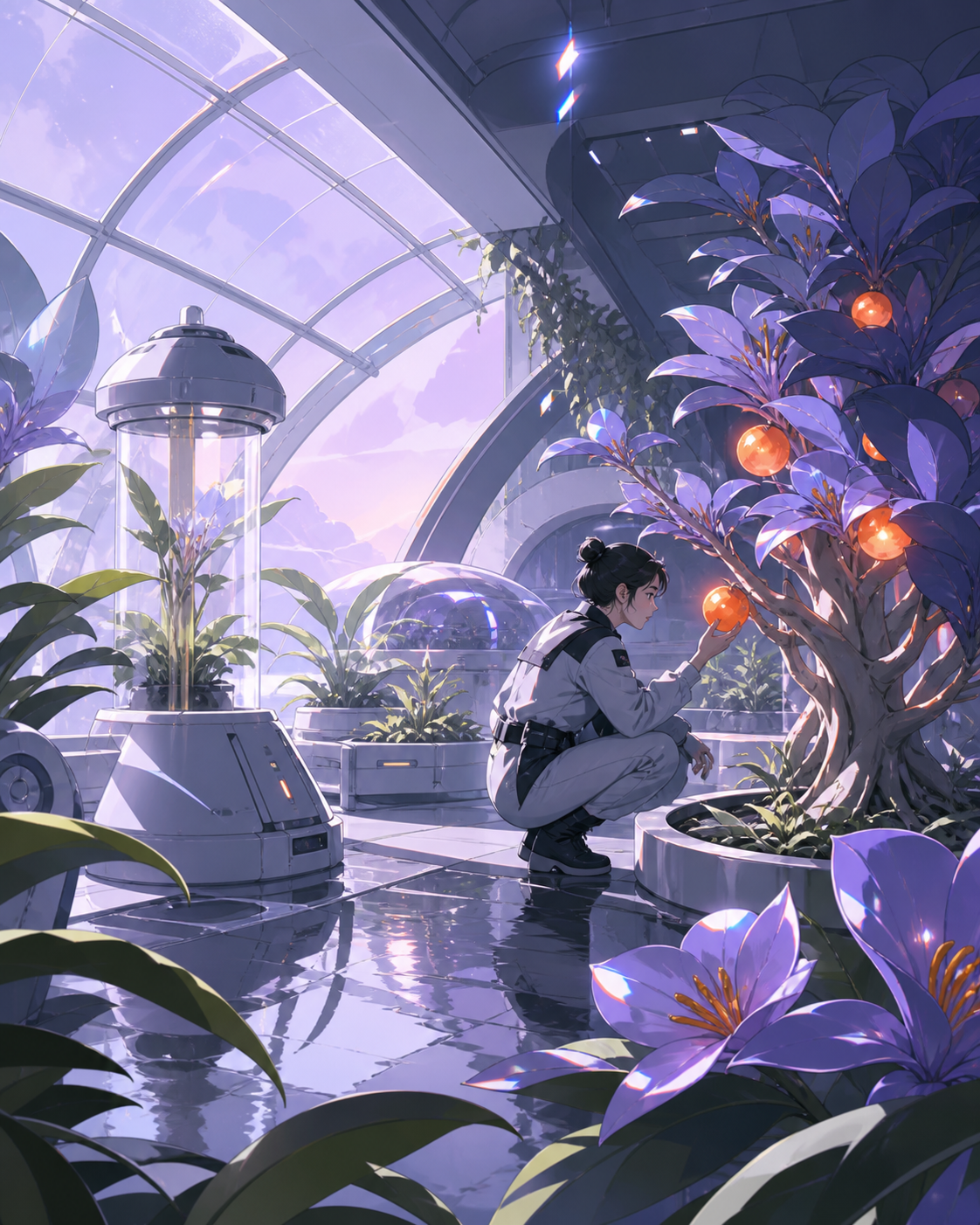 A greenhouse spacecraft tending the last orchard from Earth, after rainfall activates hidden biological structures throughout the scene. Lush environmental composition with technology discovered gradually among plants. P