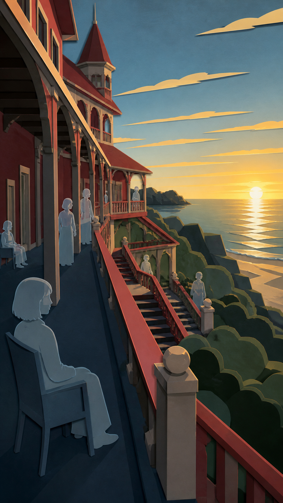 A seaside hotel where translucent guests patiently wait for sunrise, shown at the uneasy instant when something impossible becomes noticeable. Suspenseful deep-perspective composition with the threat implied rather than 