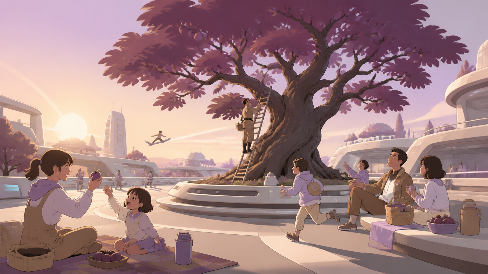 A futuristic plaza built around one preserved old fruit tree, with the season communicated through broad clean shapes rather than fine detail. Wide park scene balanced by one striking tree and several small stories. Mulb