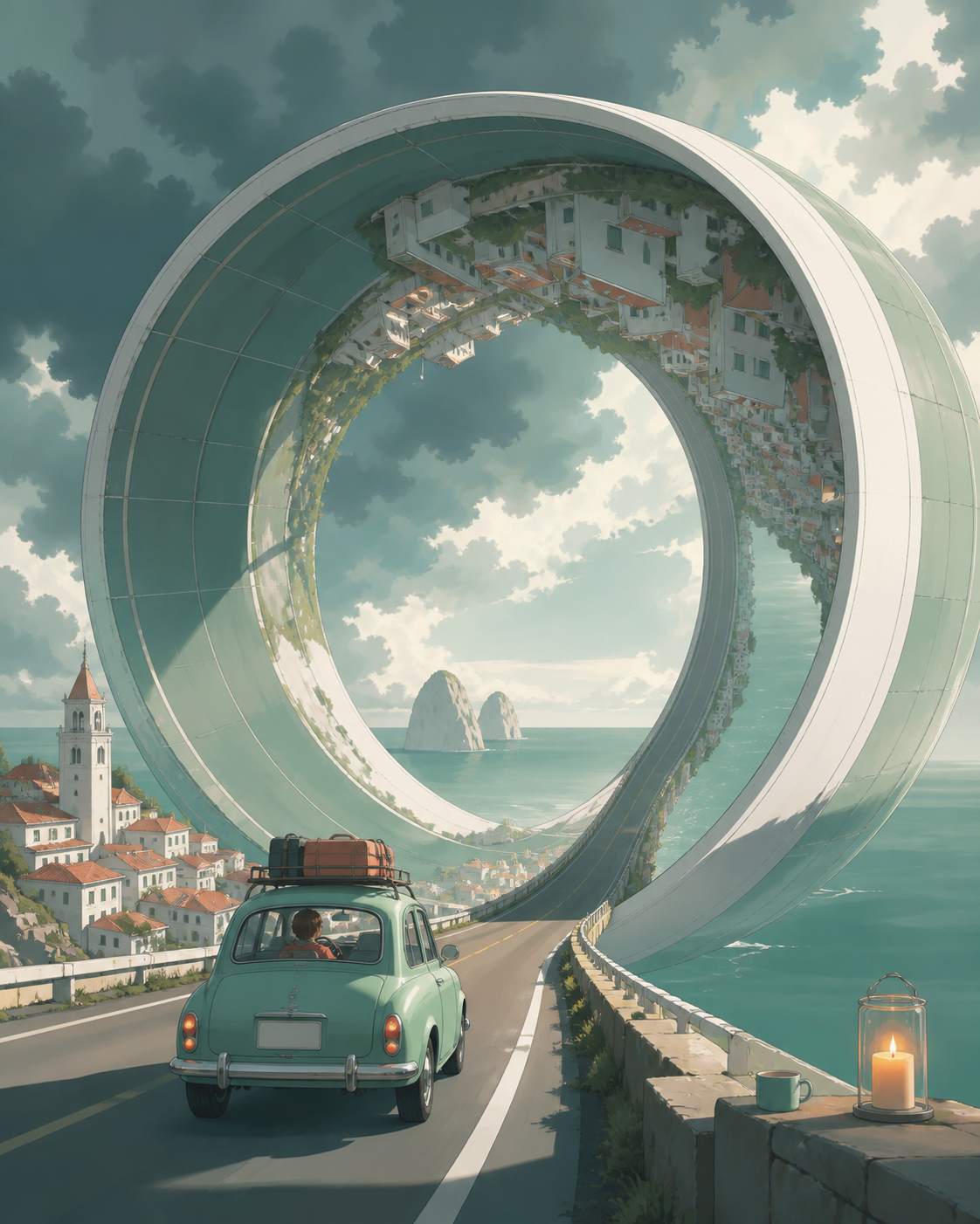 A road trip continuing across the inside and outside of a giant ring, in a clean composition where the transformation is unmistakable. Wide scene structured around one elegant spatial fold. Sea-glass green, faded coral, 