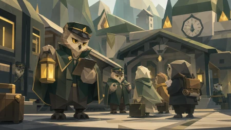 A railway station operated by solemn owl-like conductors, as a minor civic problem brings several personalities together. Street-level view immersed in the society's everyday archi