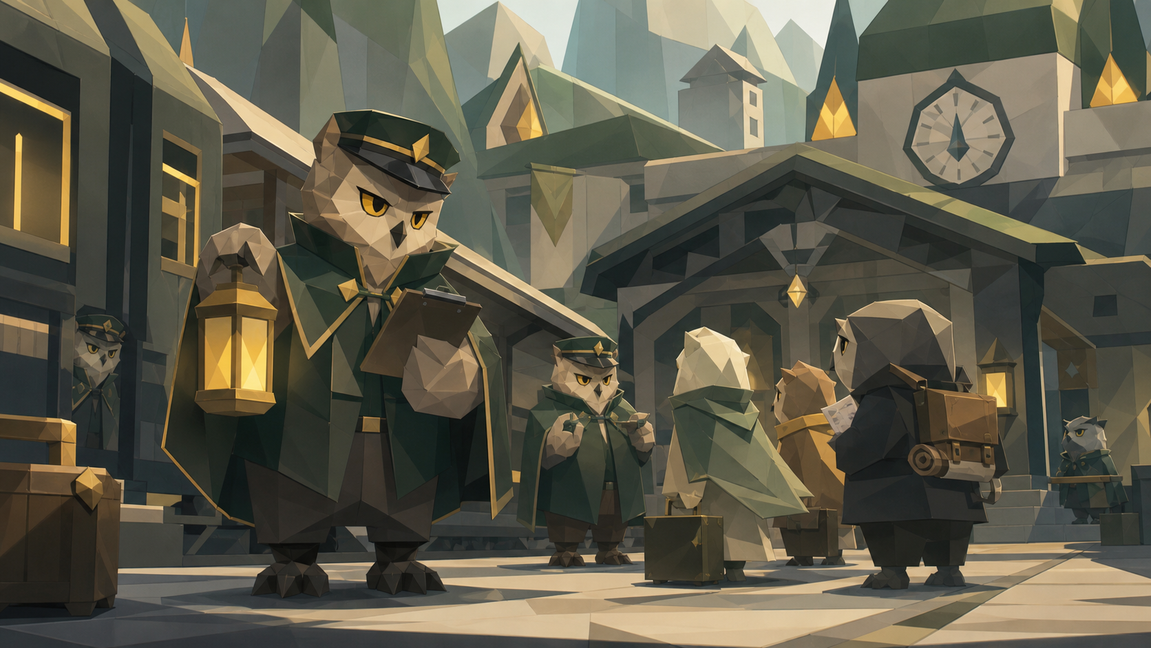 A railway station operated by solemn owl-like conductors, as a minor civic problem brings several personalities together. Street-level view immersed in the society's everyday architecture. Moss green, slate gray, mushroo
