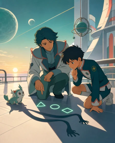 A teacher helping a student whose shadow refuses to follow instructions, on an ordinary school day shaped by one magical rule. Intimate teacher-student frame with the magical probl