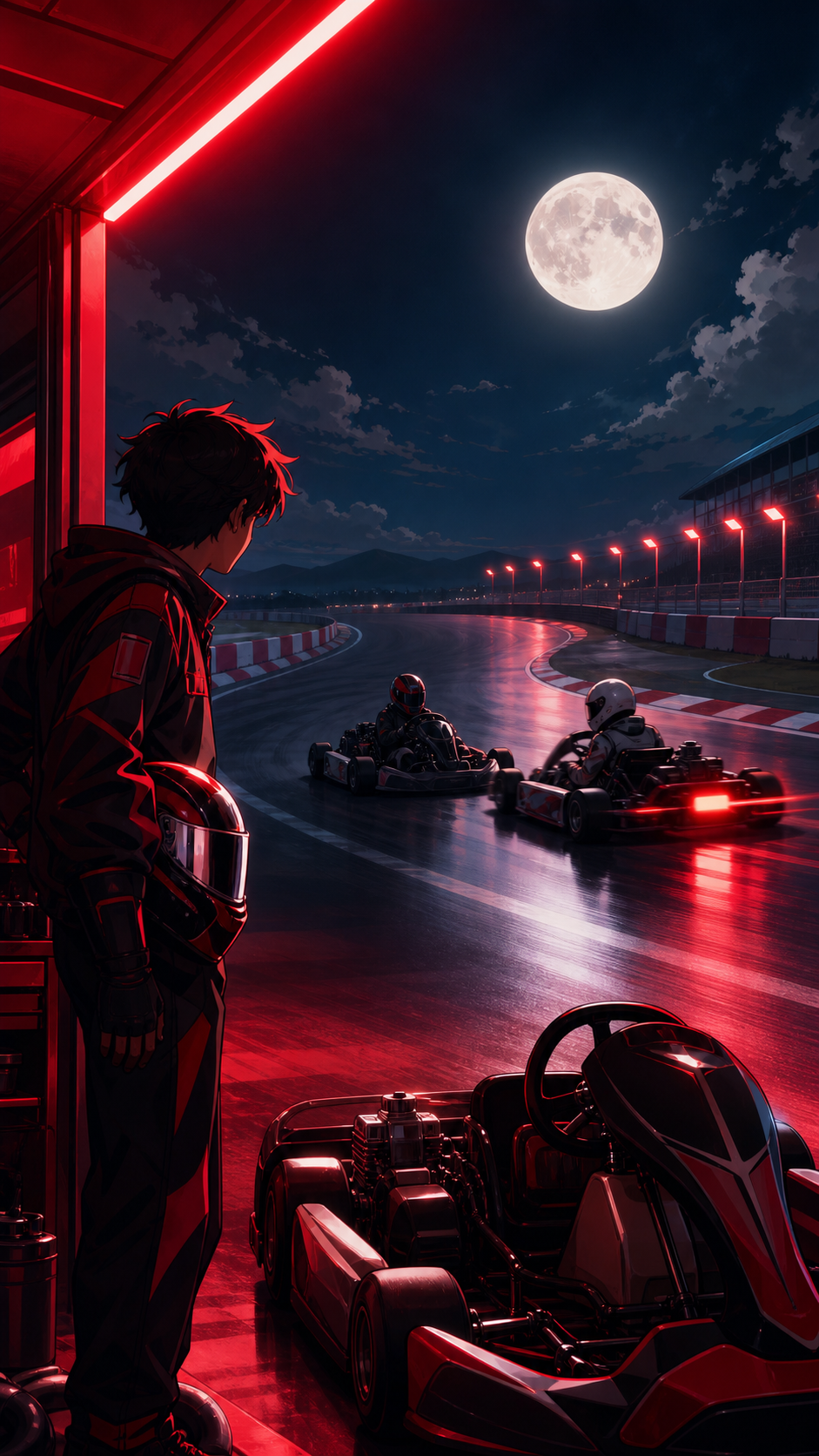 A teenage kart mechanic watching their older sibling enter a night circuit, at the exact moment one racer commits to a daring clean overtake. Starting-grid composition centered on driver emotion and machine shape. Crimso