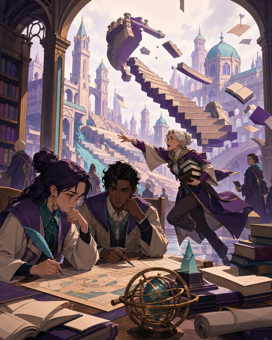 A university librarian chasing a misplaced staircase through the archives, during an ordinary lesson complicated by one unexpected result. Close collaborative desk scene with the larger campus visible beyond. Apricot, or