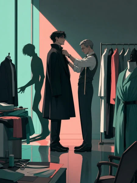 An adult designer fitting a formal coat whose shadow moves independently, inside a clean studio where every garment has a distinct silhouette. Backstage ensemble scene organized ar